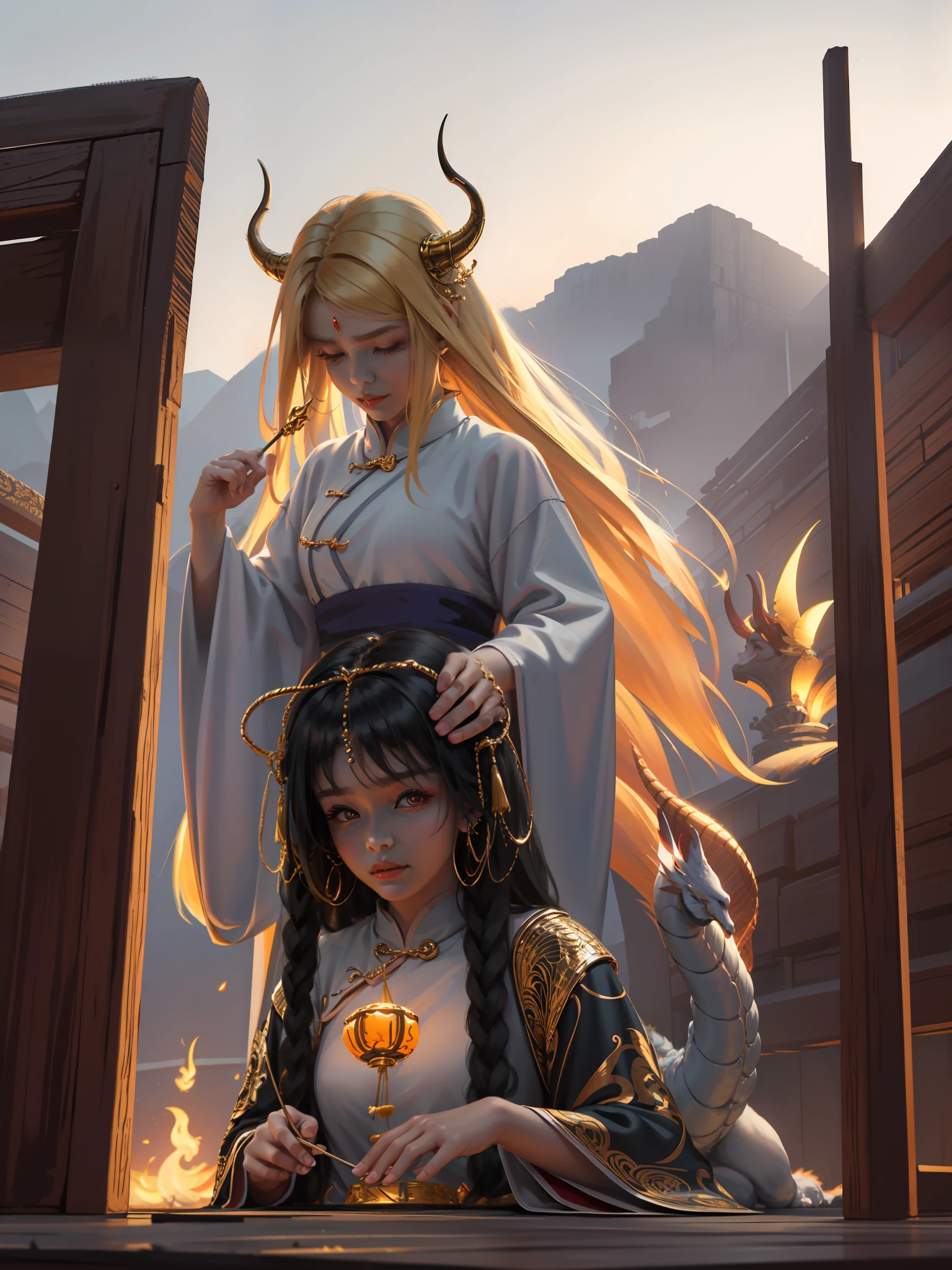 ultra transparente, Bien, un dragón chino rodea a la niña, la niña cruza para lanzar hechizos, la niña tiene cuernos de dragón y adornos dorados para el cabello en la cabeza, Ropa Han, luz natural