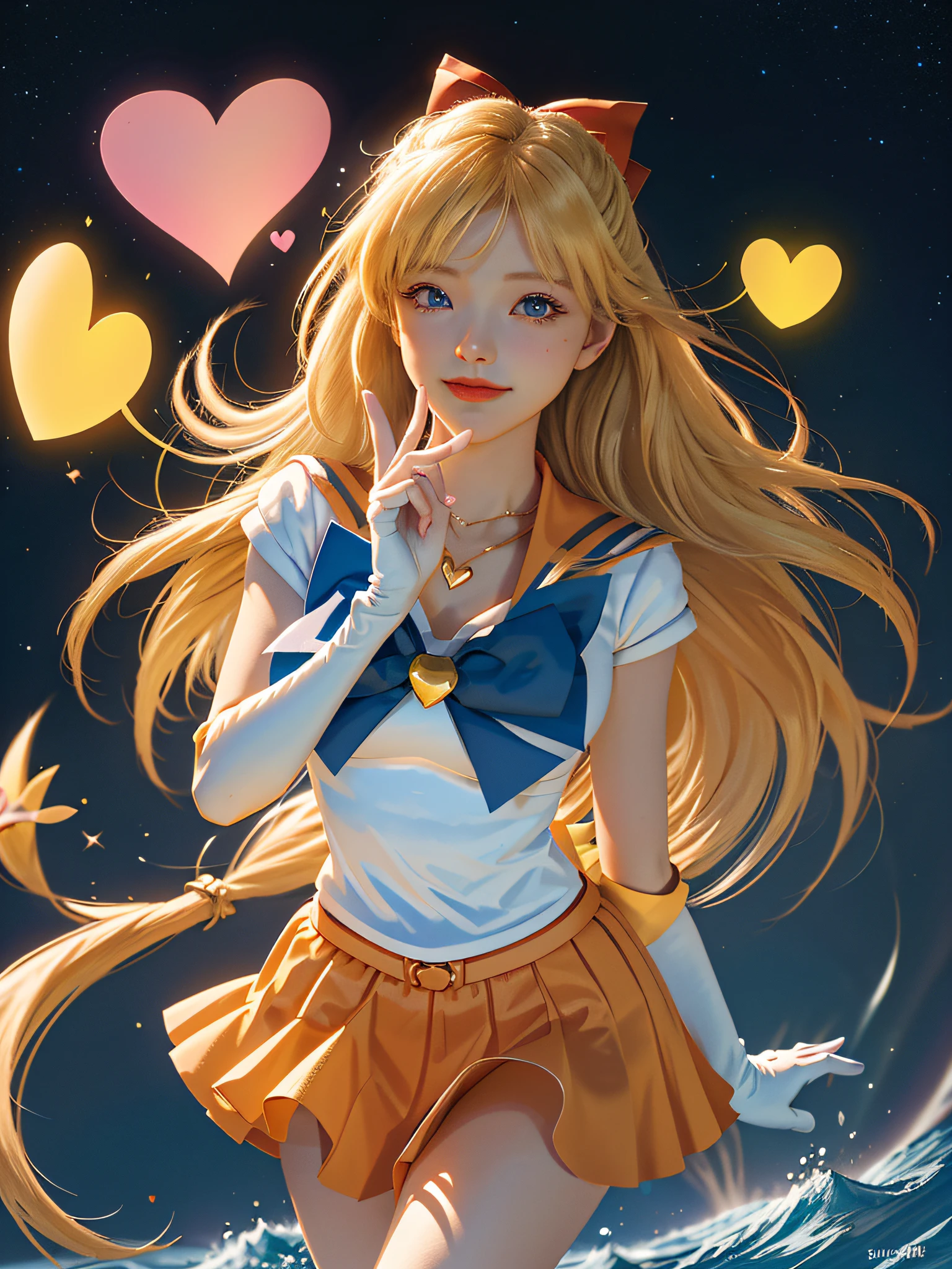 (Masterpiece, best quality; 1.3), extremely detailed CG, super detailed, 1 girl, solo, smile, looking at the audience, stylish Ungle, long blonde hair, blue eyes,
SV1, sailor senishi uniform, orange skirt, elbow gloves, tiara, orange sailor collar, red bow, orange necklace, white gloves, jewelry,
many hearts, facial focus, venus, tornado, abstract background, heart storm, halt beam, heart bubble, heart bath, halt star, heart flower, heart light, heart world, heart background, galaxy background, heart weapon, heart halo,