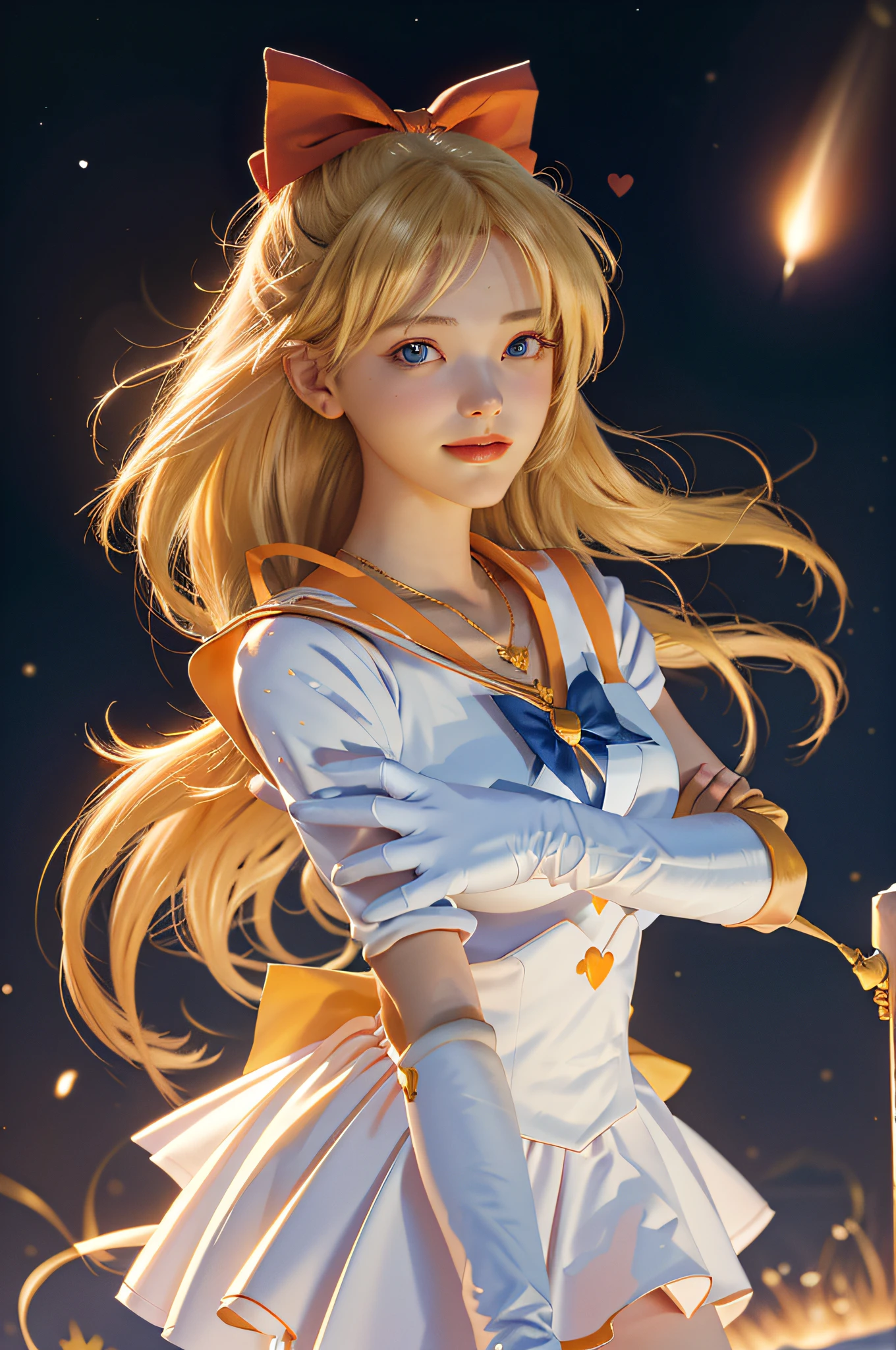 (Masterpiece, best quality; 1.3), extremely detailed CG, super detailed, 1 girl, solo, smile, look at the audience, stylish Ungle, long blonde hair, blue eyes, SV1, sailor senishi uniform, orange skirt, elbow gloves, tiara, orange sailor collar, red bow, orange necklace, white gloves, jewelry, many hearts, facial focus, venus, tornado, abstract background, heart storm, halt beam, heart bubble, heart bath, halt star, heart flower, heart lamp, heart world, heart background, galaxy background, heart weapon, heart halo,