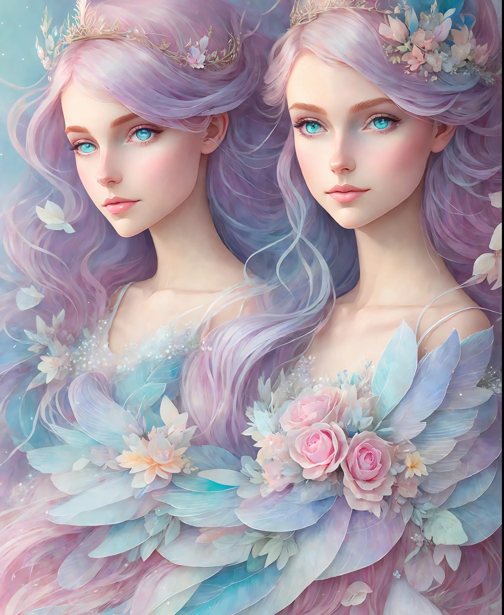 A Princess girl with wing, Blue, Pastel, glitter, dramatic, dreamy, pastel, Watercolor, Caprichoso, Delicate, crown of shells, Trends in Artstation, Highly detailed, Intricate, Portrait, digital painting, Fantasy theme, Costume robes, Conceptual fantasy art, Fantasy character art, smug, adolescent, perfect body, whole body, dreamer, pastel, watercolor, capricious, delicate, shell crown, art of loish and lois van baarle,  Trend in Artstation, highly detailed, intricate, portrait, digital painting