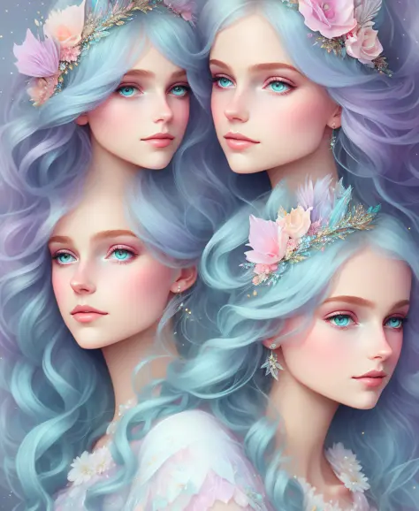 a princess girl with wing, blue, pastel, glitter, dramatic, dreamy, pastel, watercolor, caprichoso, delicate, crown of shells, t...