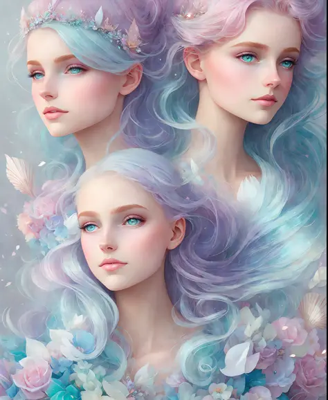 a princess girl with wing, blue, pastel, glitter, dramatic, dreamy, pastel, watercolor, caprichoso, delicate, crown of shells, t...