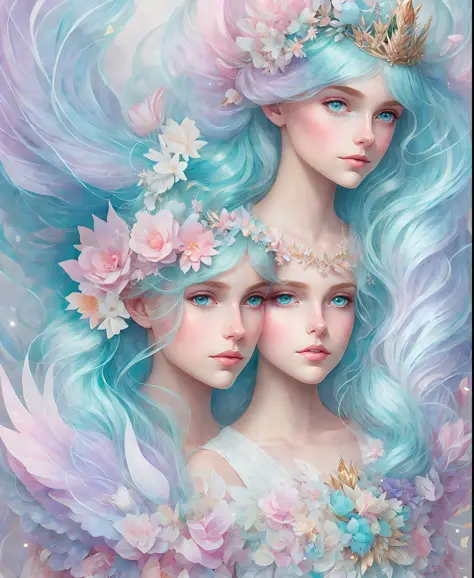 a princess girl with wing, blue, pastel, glitter, dramatic, dreamy, pastel, watercolor, caprichoso, delicate, crown of shells, t...