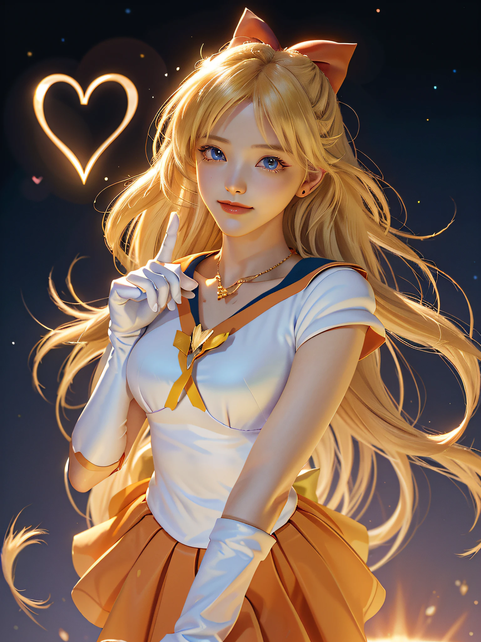 (Masterpiece, best quality; 1.3), extremely detailed CG, super detailed, 1 girl, solo, smile, looking at the audience, stylish Ungle, long blonde hair, blue eyes,
SV1, sailor senishi uniform, orange skirt, elbow gloves, tiara, orange sailor collar, red bow, orange necklace, white gloves, jewelry,
many hearts, facial focus, venus, tornado, abstract background, heart storm, halt beam, heart bubble, heart bath, halt star, heart flower, heart light, heart world, heart background, galaxy background, heart weapon, heart halo,