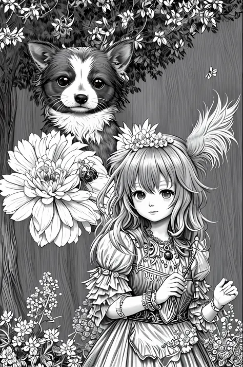 (hight definition, 8k) Coloring book style, black and white, cute and fluffy chihuahua dog in garden with trees and flowers, Dis...