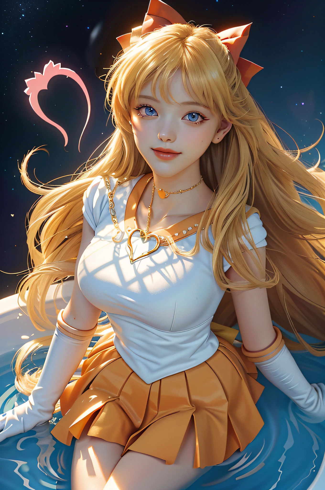 (Masterpiece, best quality; 1.3), extremely detailed CG, super detailed, 1 girl, solo, smile, looking at the audience, stylish Ungle, long blonde hair, blue eyes,
SV1, sailor senishi uniform, orange skirt, elbow gloves, tiara, orange sailor collar, red bow, orange necklace, white gloves, jewelry,
many hearts, facial focus, venus, tornado, abstract background, heart storm, halt beam, heart bubble, heart bath, halt star, heart flower, heart light, heart world, heart background, galaxy background, heart weapon, heart halo,