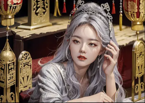 Masterpiece, Excellent, Chinese Imperial Palace, Chinese Style, Ancient China, 1 Woman, Mature Woman, Silver-White Long-Haired Woman, 1 Teenager, Handsome and Dashing