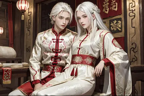 Masterpiece, superlative, ancient China, 1 teenager, handsome, handsome, white hair, holding a woman's thigh