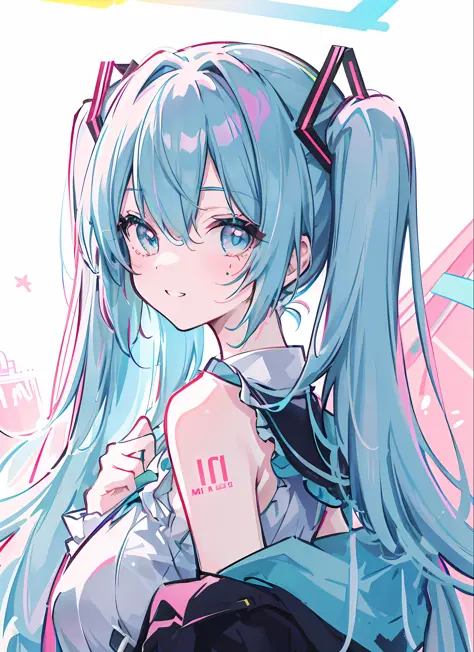 (Masterpiece), (Best Quality), (Miku) 1 Girl, Upper Body, Brash, Grinning, Happy, Backlight, Rum Style, Colorful Hair, Facial Marks, Neon Palette, Miku, Hatsune Lai, Halftone,