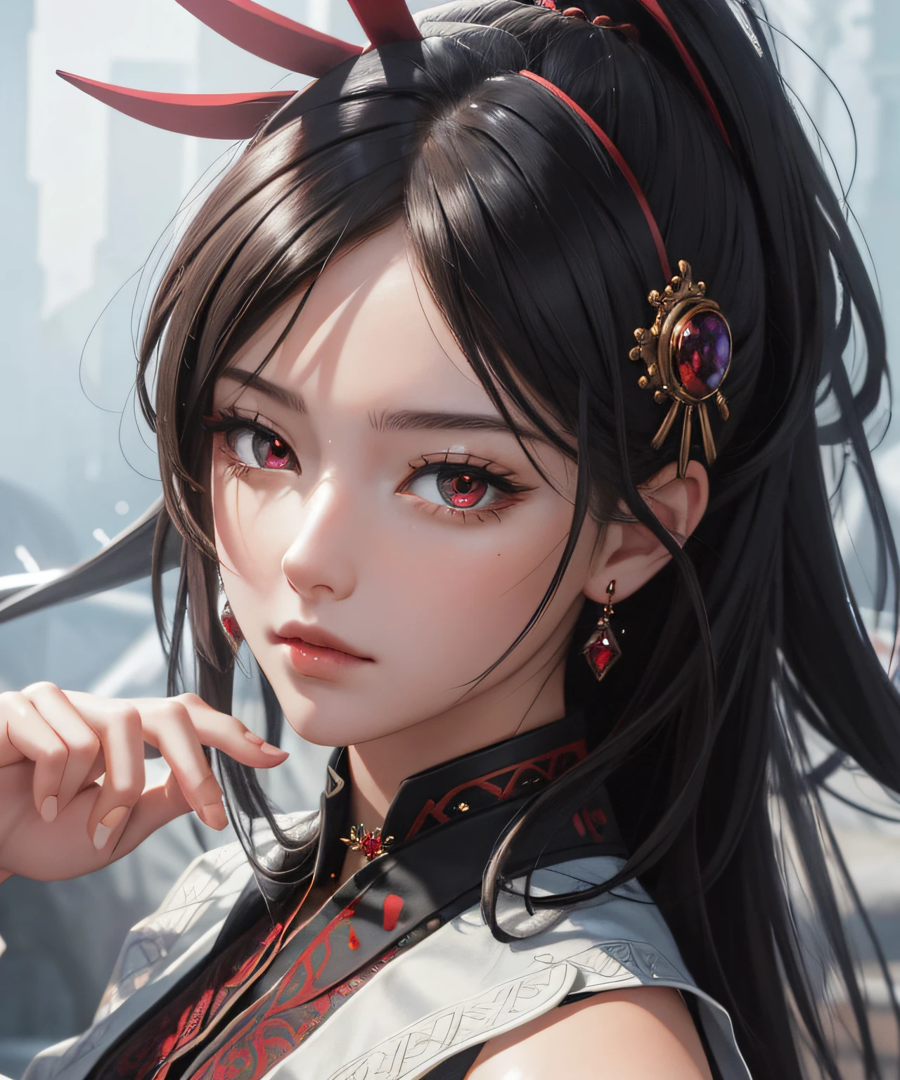 rew foto(masterpiece, best quality), intricate details, 8k, artstation, wallpaper, official art, screensaver, sharp focus, 1girl, ha Yuriy Zakhard Niji Emote, portrait, chibi, red eyes, shoulders updetailed fingers,beautiful hands