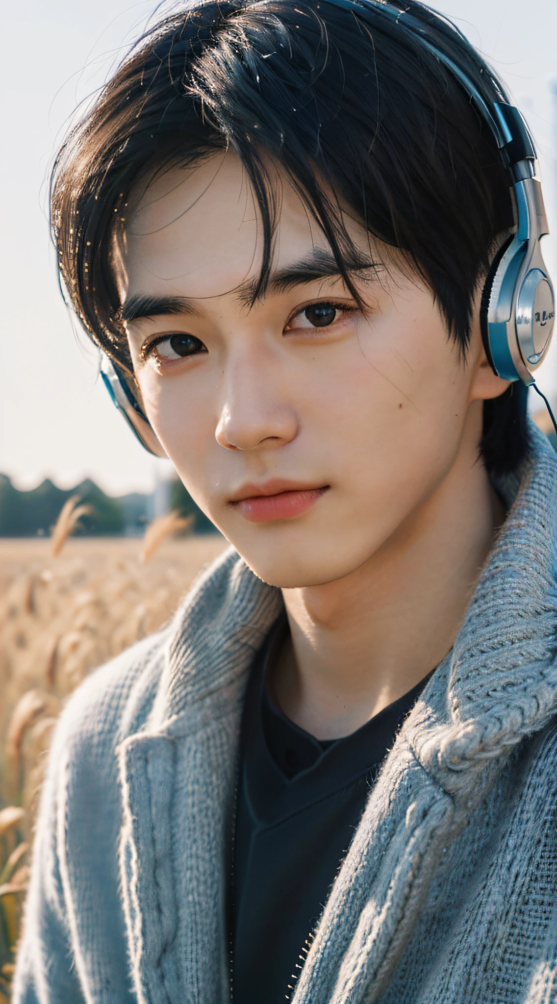 Best quality, masterpiece, super high resolution, (realistic: 1.4), original photo, wallpaper, head photo, skin, simple background, black eyes, detail, selfie, 1 boy, 18 years old, handsome, breeze, sunshine, headphones, wheat field