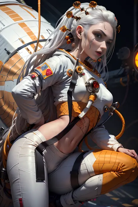 masterpiece, best quality, DakiV4, 1girl, solo, long hair, white hair, breasts, yellow eyes, hair ornament, (((astronaut suit)))...