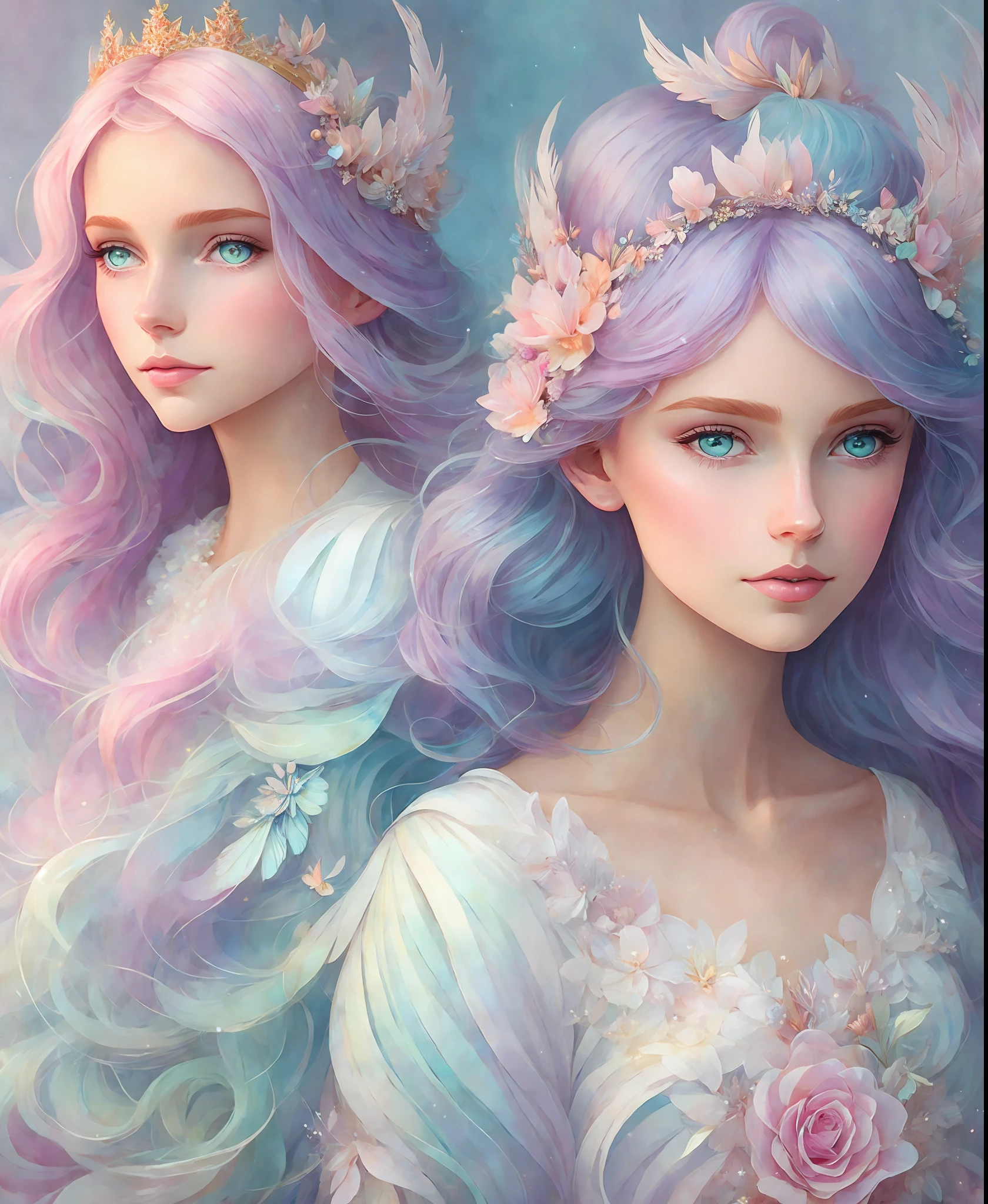 A Princess girl with wing, Blue, Pastel, glitter, dramatic, dreamy, pastel, Watercolor, Caprichoso, Delicate, crown of shells, Trends in Artstation, Highly detailed, Intricate, Portrait, digital painting, Fantasy theme, Costume robes, Conceptual fantasy art, Fantasy character art, smug, adolescent, perfect body, whole body, dreamer, pastel, watercolor, capricious, delicate, shell crown, art of loish and lois van baarle,  Trend in Artstation, highly detailed, intricate, portrait, digital painting