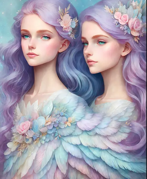 a princess girl with wing, blue, pastel, glitter, dramatic, dreamy, pastel, watercolor, caprichoso, delicate, crown of shells, t...