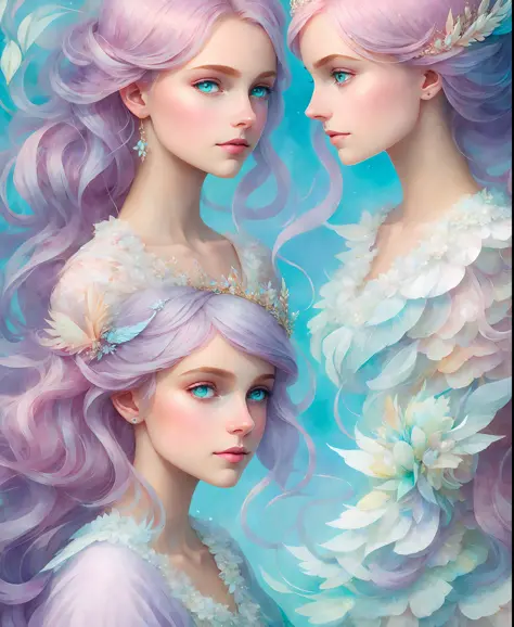 a princess girl with wing, blue, pastel, glitter, dramatic, dreamy, pastel, watercolor, caprichoso, delicate, crown of shells, t...