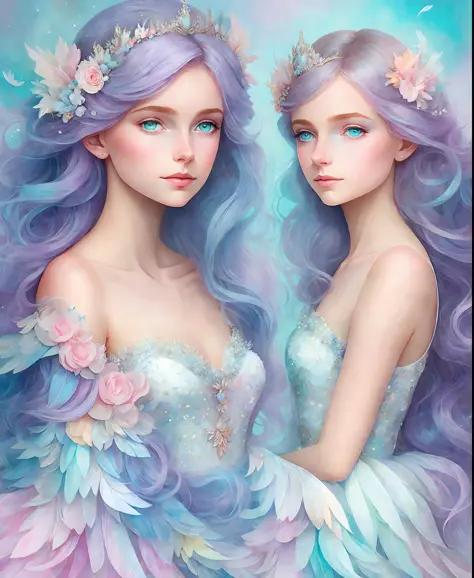 a princess girl with wing, blue, pastel, glitter, dramatic, dreamy, pastel, watercolor, caprichoso, delicate, crown of shells, t...