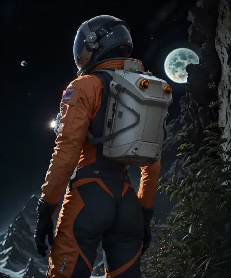 back angle, highly detailed color RAW photo, back angle, full body (female astronaut, detailed fingers, beautiful hands, dressed in orange and white spacesuit, helmet, tinted face shield, rebreather, accented prey), outdoor (looking at an advanced alien st...