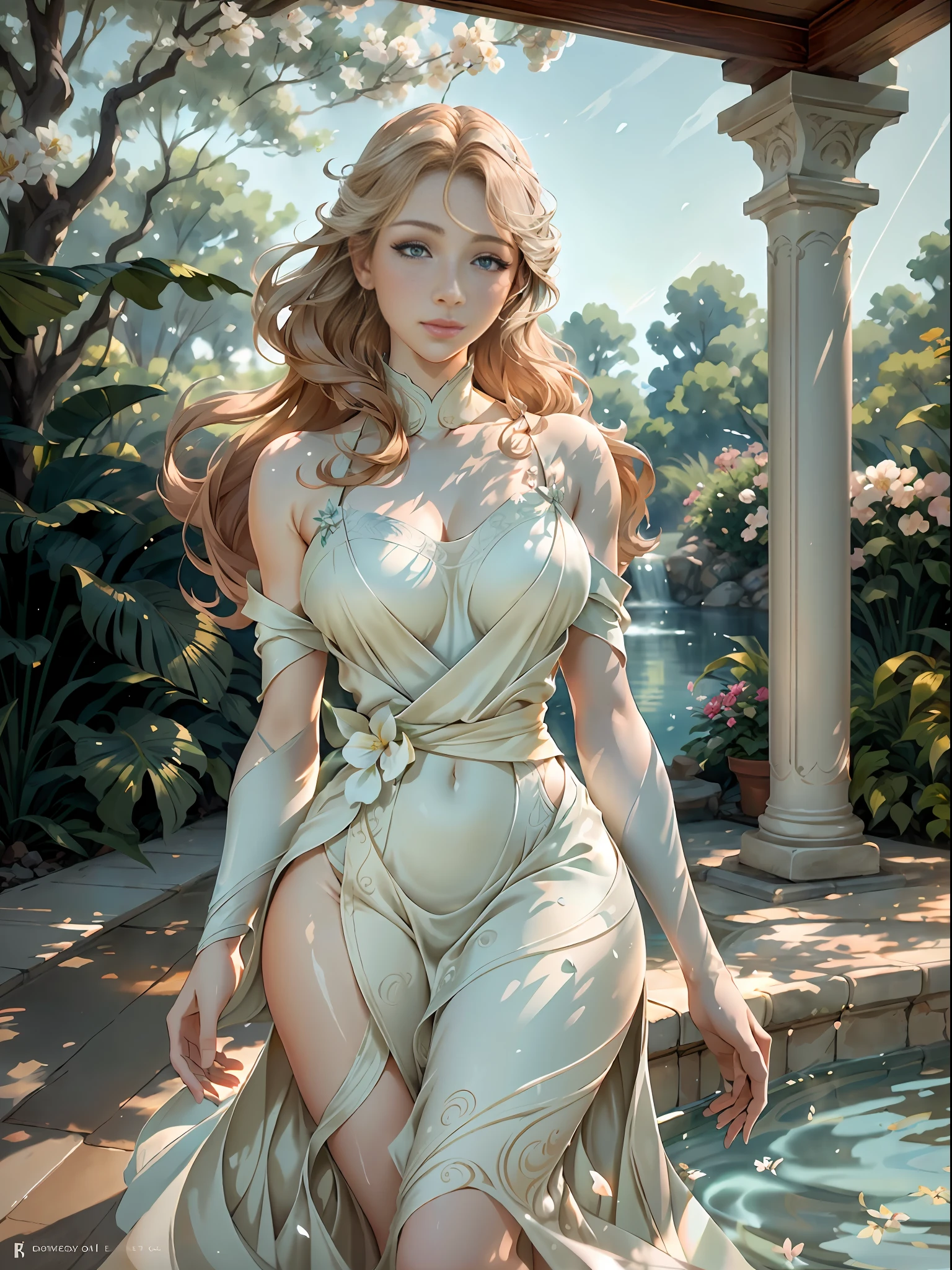 An artistic depiction of a serene scene by the poolside, featuring a beautiful Caucasian girl striking a pose. The girl's porcelain skin glows in the warm sunlight, her auburn hair flowing freely, her blue eyes have long eyelashes. She wears a flowing, ethereal white dress that dances with the wind. The pool area is adorned with elegant sculptures and colorful flowers, creating an atmosphere of sophistication and tranquility. The image is rendered in a dreamy watercolor style, with soft pastel hues and gentle brushstrokes that evoke a sense of calm and serenity.