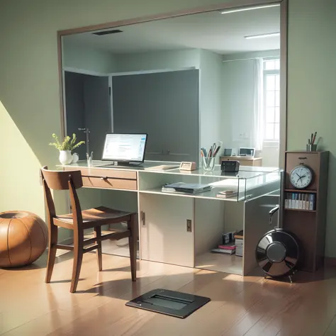 A nutritionist's office with large mirror with a desk with the notebook open a phone, a case of pens, the weighing machine on the floor --auto --s2