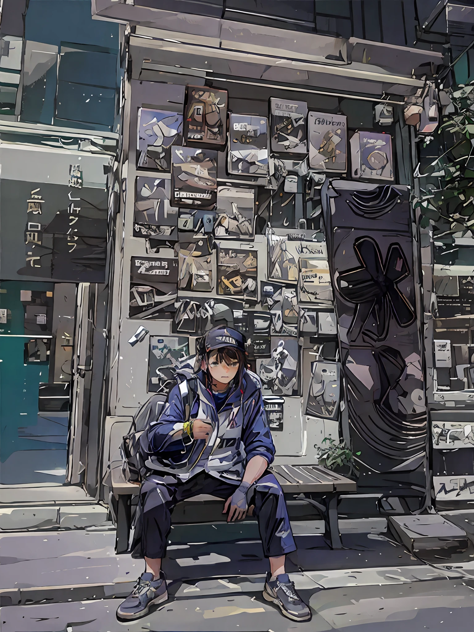 A man sits on a bench in front of the building, in front of Daisuke Tsumi in Tokyo, Japan, the advertisement reads "PDA Contest" in Chinese, the 8K illustration pixels reach 64x64, the painting style is obviously influenced by Makoto Shinkai's children, and there is a bathroom socket and keychain hanging on the background wall, the atmosphere is very cool.