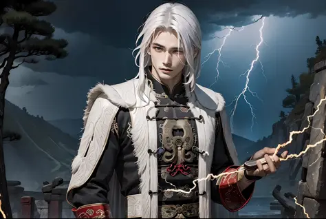 Masterpiece, superlative, ancient China, dark night, lightning and thunder, 1 teenager, handsome, handsome, white hair