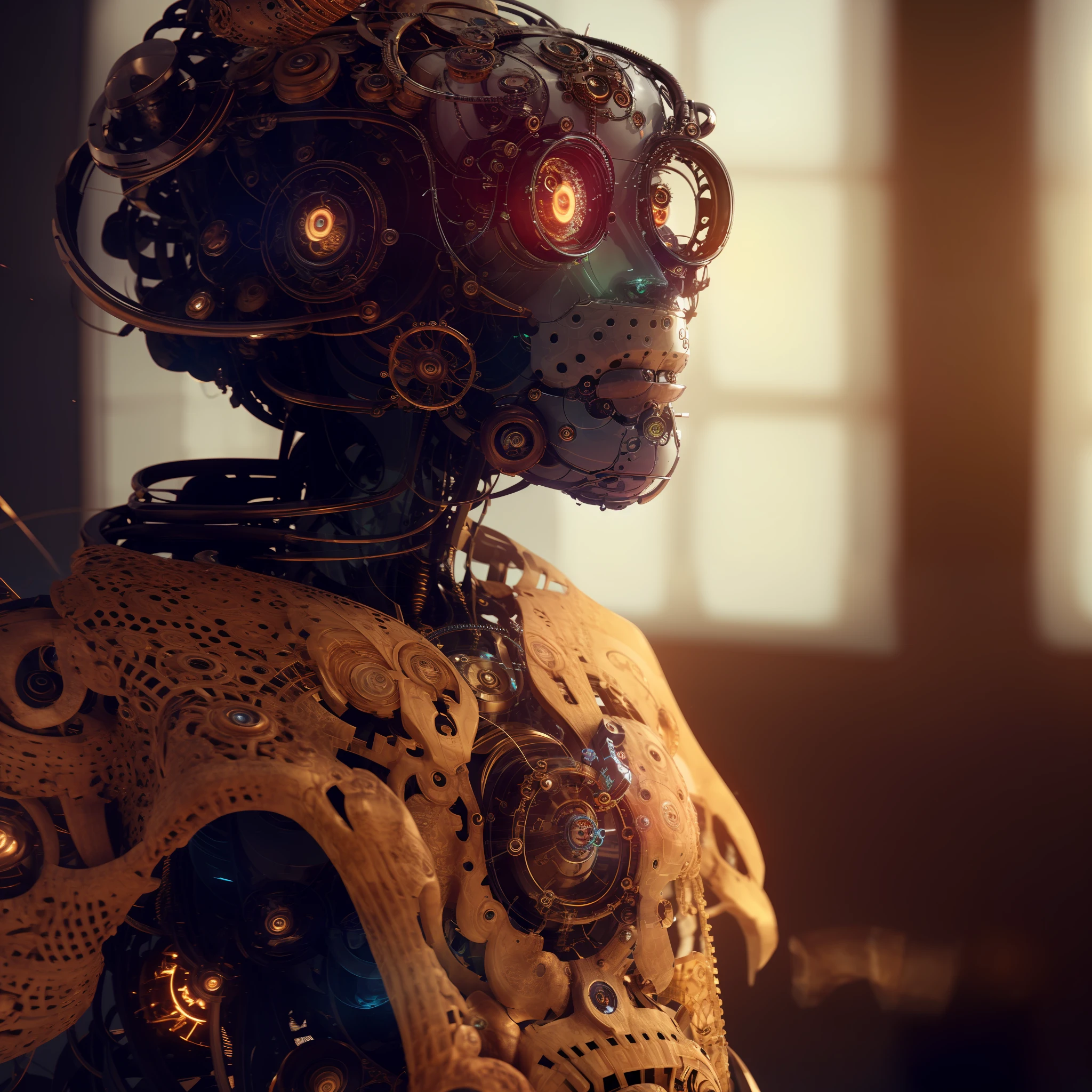 Hay un robot con una cabeza grande y una cara grande vestida con una blusa de ganchillo beige, Cibersteampunk 8 k 3 d, intrincado renderizado 8K, autómata steampunk, robot steampunk, moda cyberpunk mechanoid, humanoide detallado, Render Art Nouveau Octane, arte intrincado. renderizado de octanaje, Cibersteampunk, beautiful renderizado de octanaje, Cyborg intrincado, arte digital steampunk, 8k renderizado de octanaje fantasy style, estética steampunk, moda photography, moda