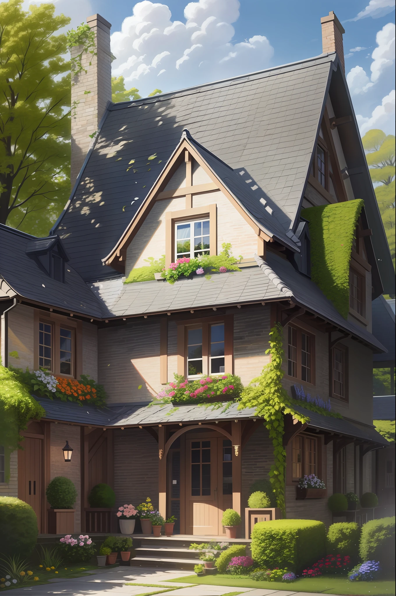 ультрадетализированный, высокое качество, Британский дом, с листьями и цветами, свисающими с крыши, Эстетический дом, картина маслом, шедевр