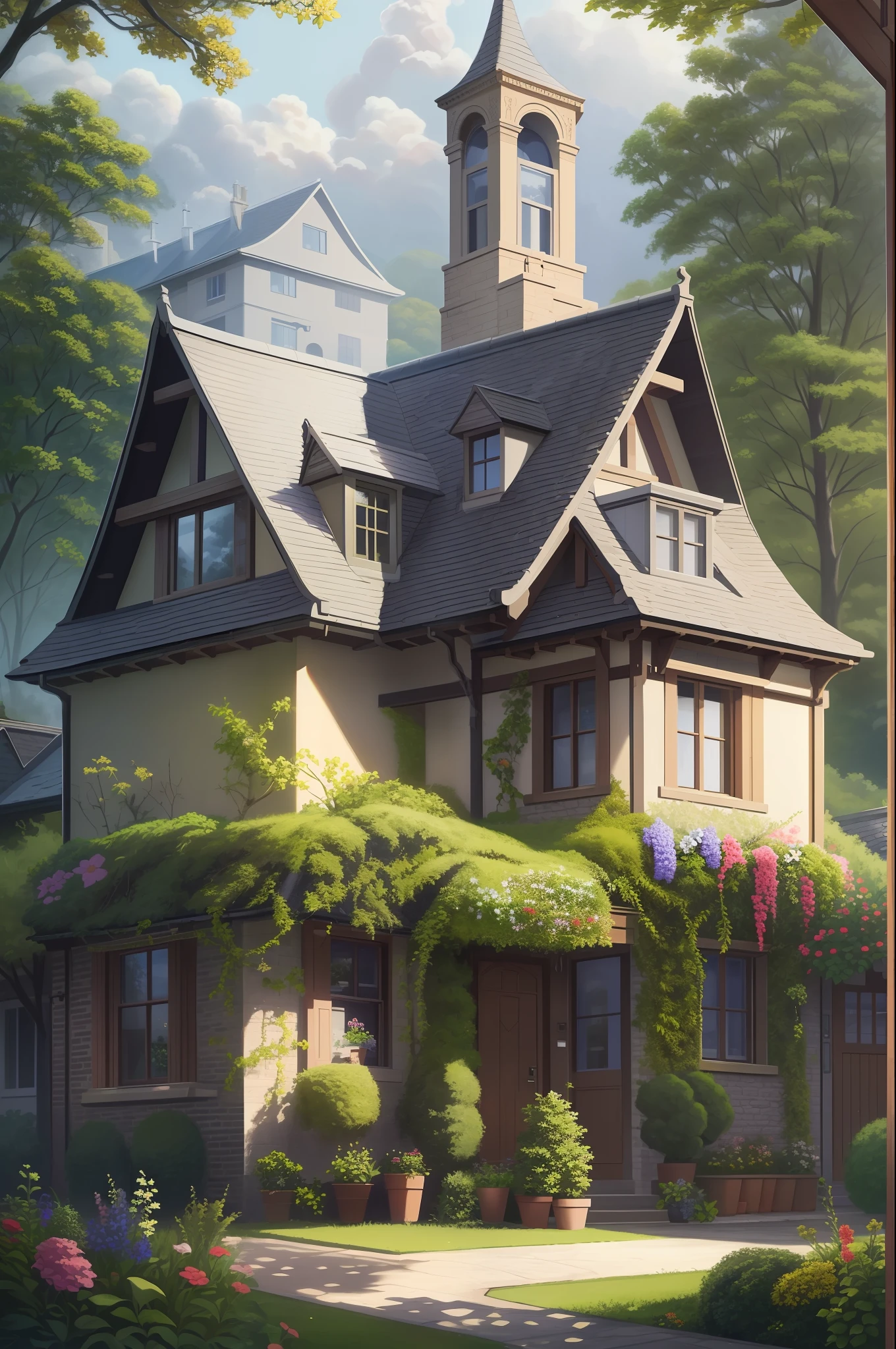 Ultra-détaillé, haute qualité, maison britannique, avec des feuilles et des fleurs suspendues au toit, maison esthétique, peinture à l&#39;huile, chef-d&#39;œuvre