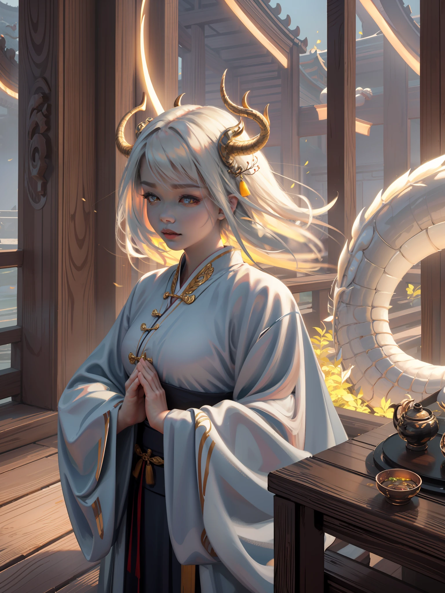 Ultra-clear, fine, a Chinese dragon surrounds the girl, the girl crosses her hands to cast spells, the girl has dragon horns and golden hair ornaments on her head, Hanfu, natural light