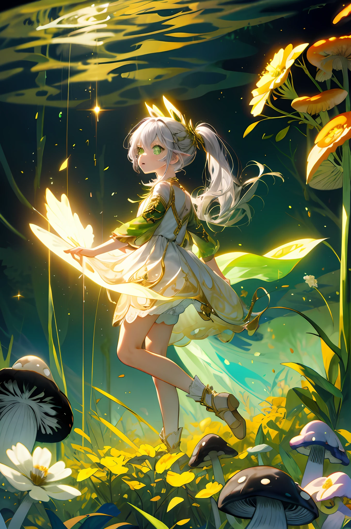 (flat color:0.9),(colorful:1.1),(masterpiece:1,2), best quality, masterpiece, highres, original, extremely detailed wallpaper,1girl,solo, young  girl, long light grey hair, white dress with golden embroidery, green and gold elements, glowing, flowing hair, fullbody, floating in the air in the middle of the forest, magic fantasy forest, glowing flowers and mushrooms, sunny day, sunny light, rays of light, dynamic lighting, cinematic shot
