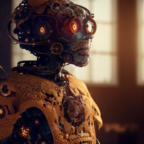 There is a robot with a big head and a big face dressed in a beige crochet blouse, cyber steampunk 8 k 3 d, intricate render 8K,...