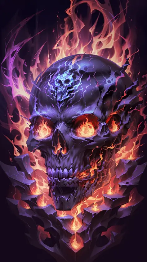 a close up of a skull with flames on it, fantasy skull, fiery skull contemplating life, flaming skull, adorned with demon skulls...