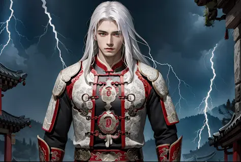 Masterpiece, superlative, ancient China, dark night, lightning and thunder, 1 teenager, handsome, handsome, white hair