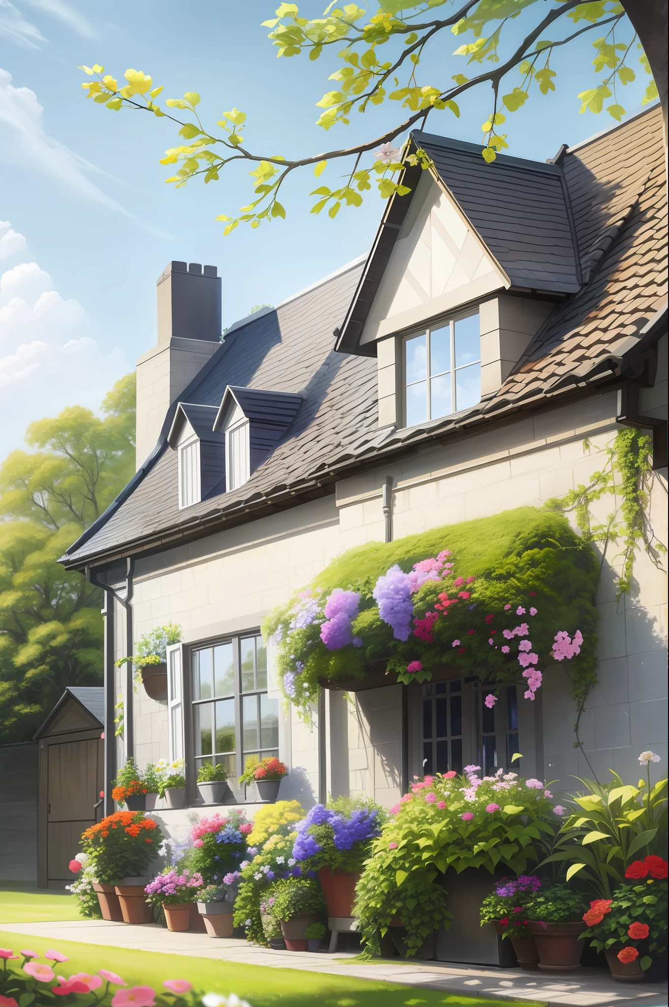 Ultra-detalhado, alta qualidade, Casa britânica, com folhas e flores penduradas no telhado, casa estética, pintura a óleo, obra de arte, Vila, casa branca