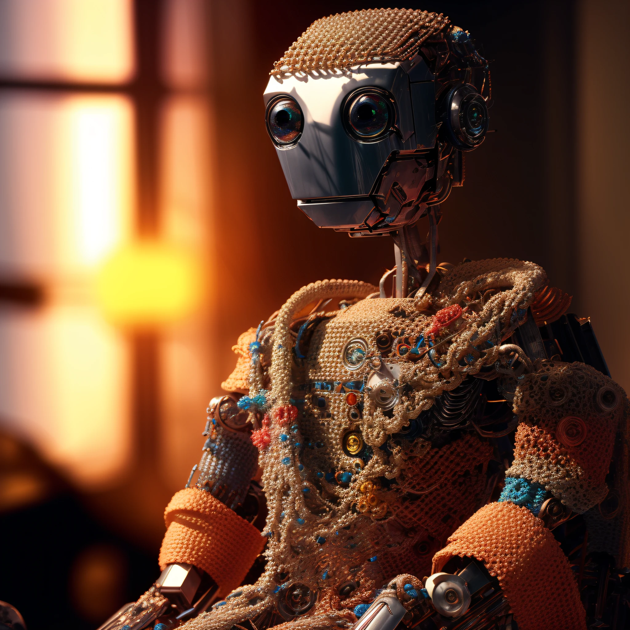 es gibt einen Roboter, der mit einer bunten Häkelbluse und einem Choche-Bau sitzt, detaillierter Humanoid, Roboterfotografie, Vivec-Roboter, the mekanik doll, droid, inspiriert von E. T. A. Hoffmann, humanoider Charakter, integrierter synthetischer Android, render 3d 8k octan, cute humanoider Roboter, humanoider Roboter, Nahaufnahme eines sitzenden Roboters, Mode photography,  Mode