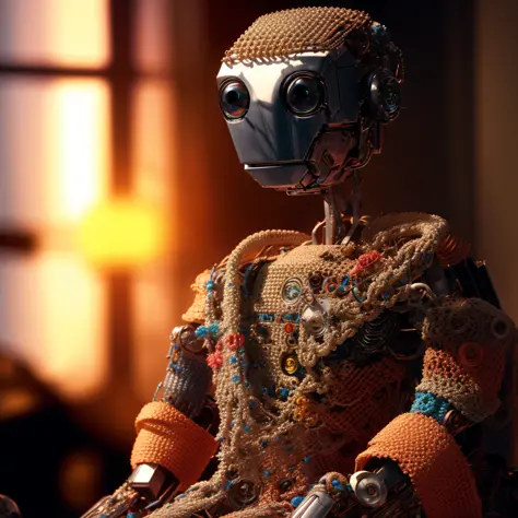 there is a robot that is sitting with a colorful crochet blouse and a choche burrow, detailed humanoid, robot photography, vivec...