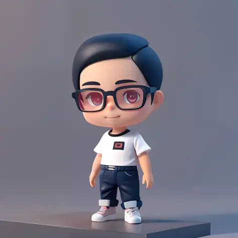 a  male Fashion designer , 35-years-old, huge head, short airplane hair, super short hair，smile with very deep dimples，fit, wearing Black Square Myopia Glasses, Wear white T-shirt and dark blue jeans and black running shoes，Toy figures, best quality, 3d ca...