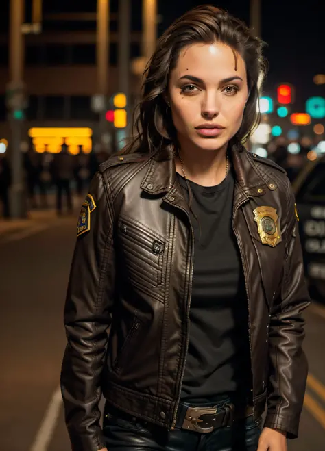 Portrait of anjo as a beautiful female model, georgia fowler, beautiful face, with short dark brown hair, in cyberpunk city at night. She is wearing a leather jacket, black jeans, dramatic lighting, (police badge:1.2)