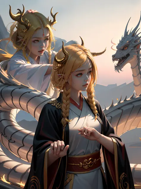 ultra-clear, fine, a chinese dragon surrounds the girl, the girl crosses her hands to cast spells, the girl has dragon horns and...