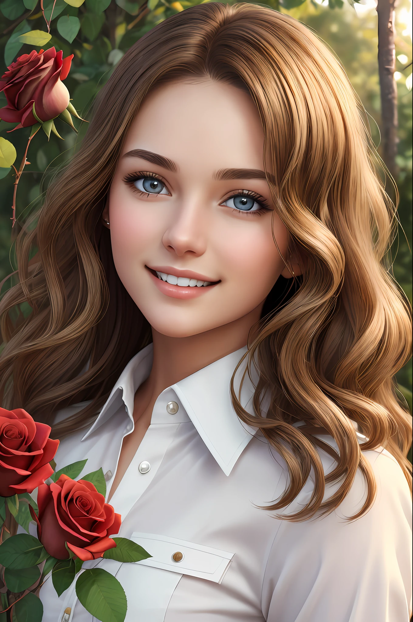 young woman, realistic 2d character, passionate about nature and plants, producer of natural oils, white with brown eyes and wavy brown hair, ultra realistic, various poses, masterpiece, best quality, intricate detail, followed, perfect anatomy, finely detailed, midday, vivid colors, add_detail, BREAK pretty girl, detailed eyes, white shirt, brown blonde hair, logged trees, roses, tall grass, (soil: 1.3), smiling BREAK