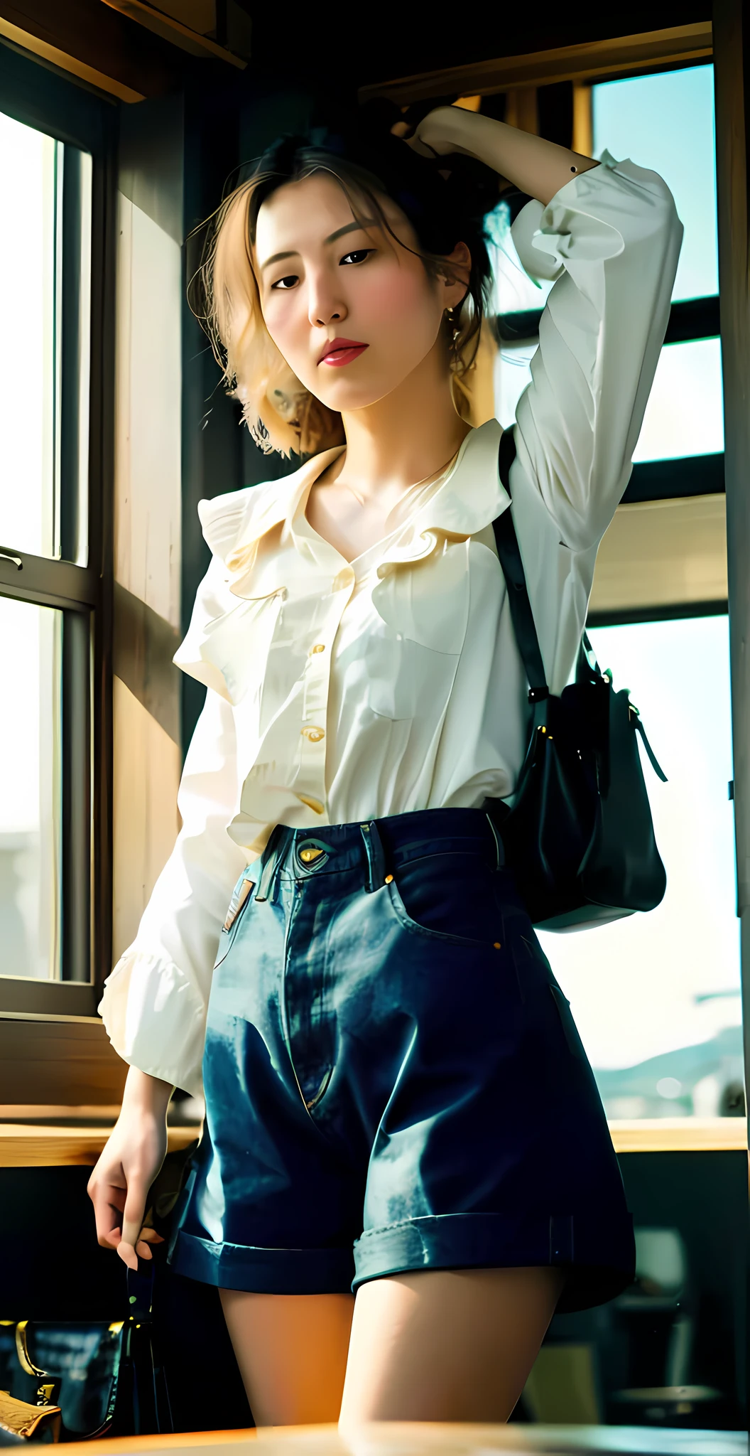 there is a woman standing in front of a window with a purse, ad image, denim short pants, loose - fitting blouses, beautiful image, absolutely outstanding image, casual clothing style, by Eizan Kikukawa, tsubasa nakai's style, cream colored blouse, frill, by Naondo Nakamura, by Maeda Masao, wearing a blouse