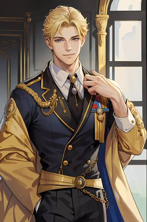 masterpiece, best quality, realistic, 1man, male focus, muscular high, handsome, smile, closed mouth, suit, portrait, extremely detailed face, blonde, prince clothes