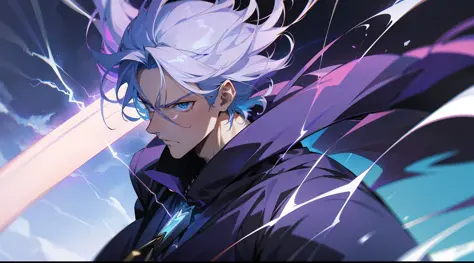 A close-up of a very tall man with a purple and blue background full of lightning, 8K anime, an epic anime of a man with thunder powers, epic anime style, menacing aura, aura of brilliant power, lots of lightning surrounding the character