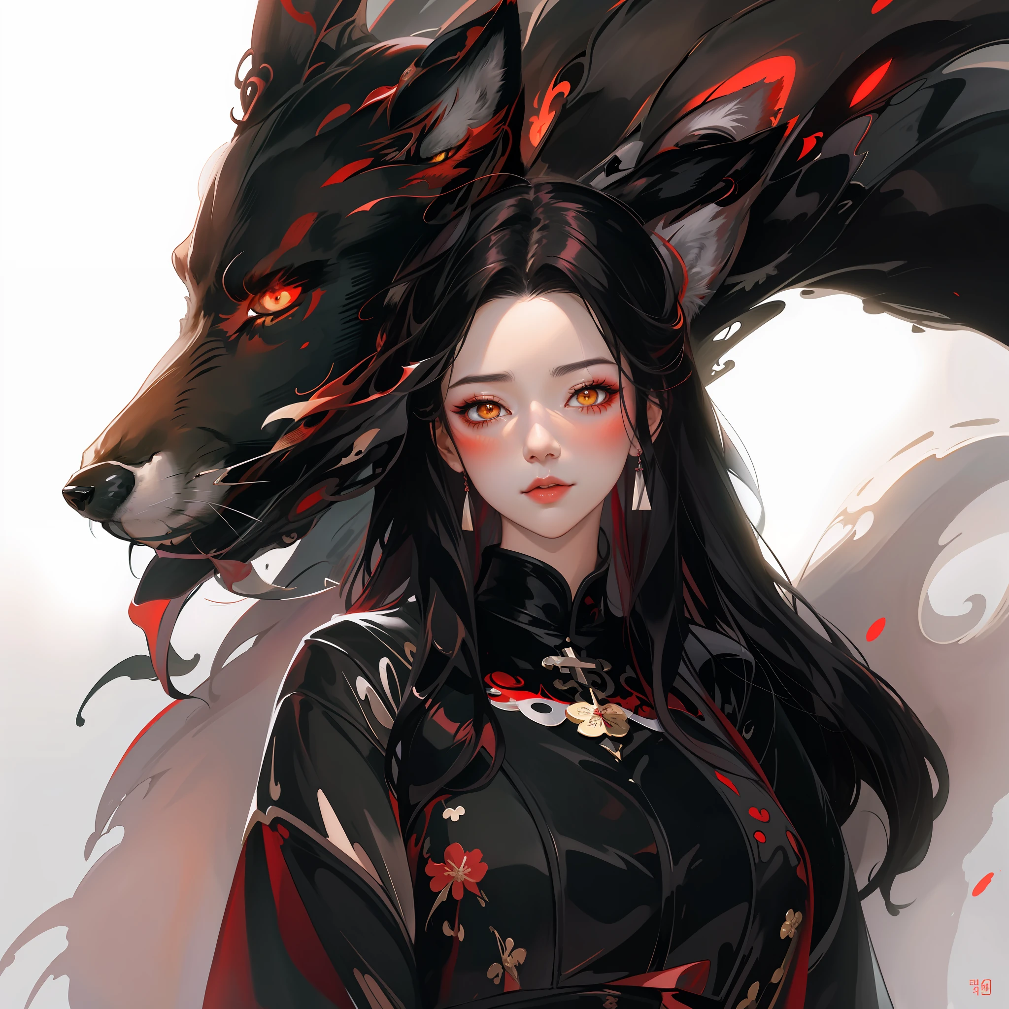 anime - style image of a woman with long black hair and a red and black wolf, by Yang J, artgerm and atey ghailan, a beautiful fox lady, guweiz, artwork in the style of guweiz, artgerm and ruan jia, ruan jia and artgerm, a beautiful kitsune woman, the dragon girl portrait