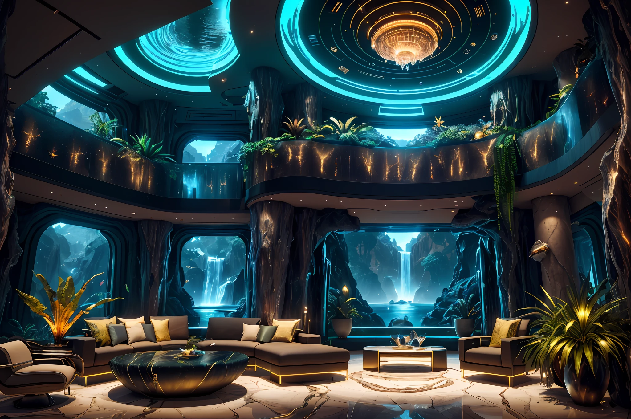 amazing luxurious futuristic living room interior in ancient Egyptian style with many ((lush plants)) (lotus flowers), ((palm trees)), rocky walls, (sand), ((waterfalls)) (marble), ((precious minerals)), ((metals)), (precious stones), crystals, clouds and ((water)), ((futuristic luxury furniture)), ((plants made of precious stones and precious minerals)), crocodiles, (hieroglyphics), ((((ultra luxury))), (black marble) – with ((beautiful lights)), Unreal Engine,  HQ, 16K 1640x920