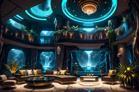 amazing luxurious futuristic living room interior in ancient egyptian style with many ((lush plants)) (lotus flowers), ((palm tr...