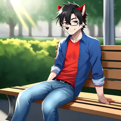 masterpiece, anthro, wolf with red fur, male, blue shirt and jeans, glasses, black hair, solo, no group, not double, smiling, gr...