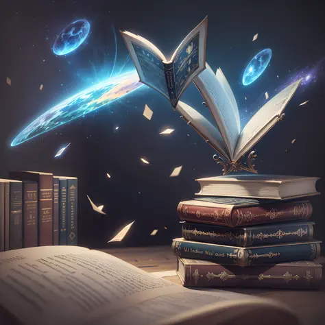 a magic bookshelf on a fantasy world realistic background with books flying arround 4k, high quality, realistic, --auto --s2