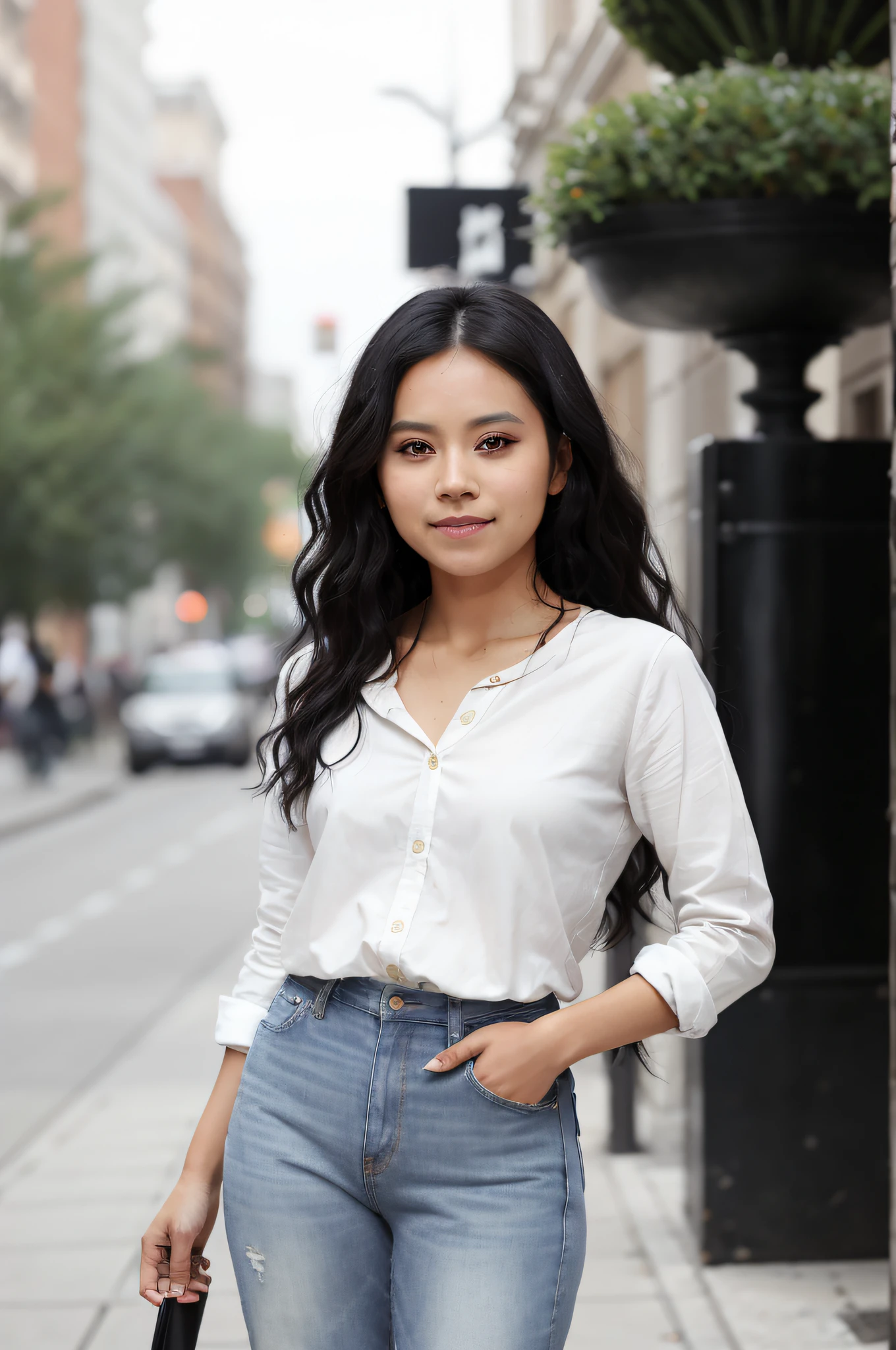 Foto de hermosa mujer asiática, Zazie fotorrealista, pelo largo, absurdos, Camisa blanca, vaqueros, calle