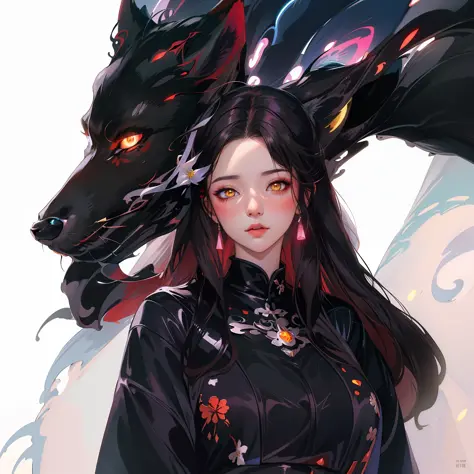 Anime - a long brunette and fluorescent wolf woman style image, by Yang J, artgerm and atey ghailan, a beautiful fox lady, Guwei...